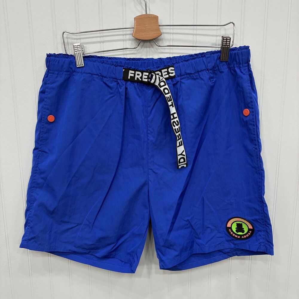 Teddy Fresh Men's Large Blue 6" Inseam Elastic Waist Shorts Adjustable Belt Logo